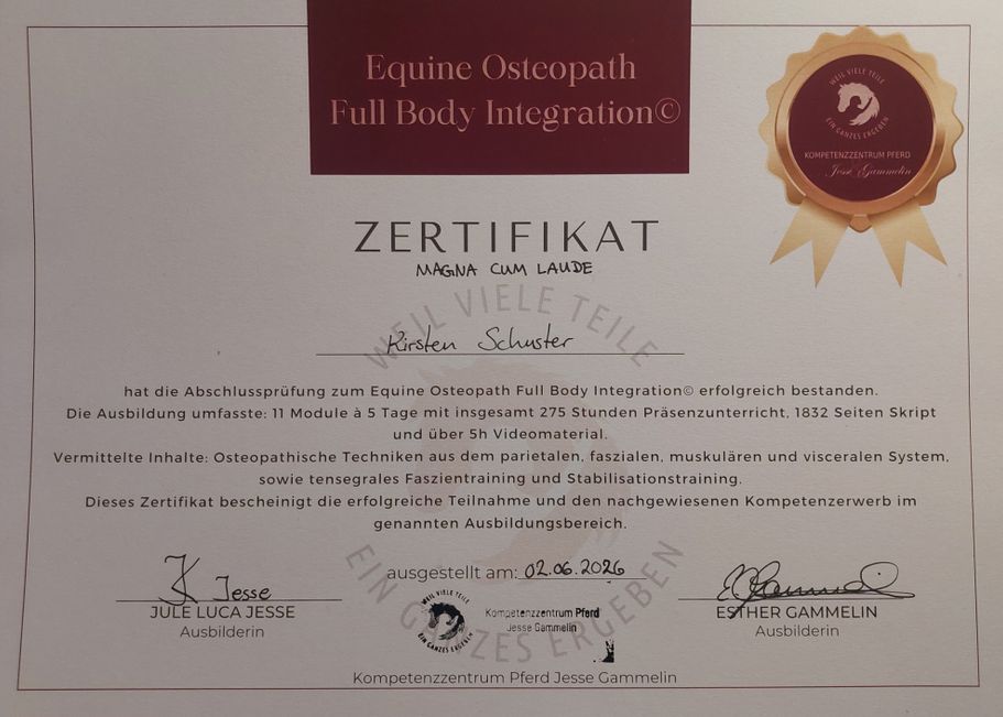 Abschlussprüfung zum Equine Osteopath Full Body Integration mit 1,0 bestanden, ganzheitliche Osteopathin im Raum Ostfriesland, Kirsten